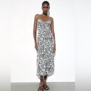 Zara Black & White Print Patterned Midi Dress Medium M Button down Braided strap